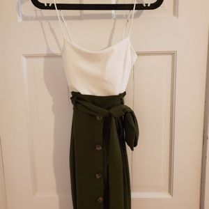 white cami and green skirt dress